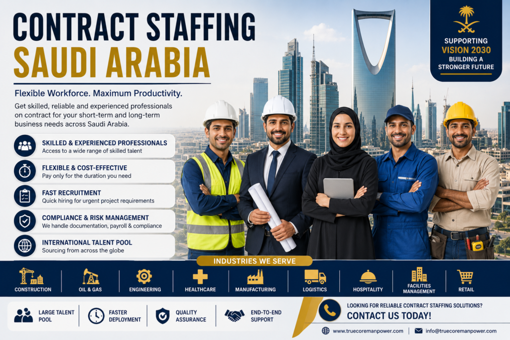 Contract Staffing Saudi Arabia providing skilled, semi-skilled, and professional workforce solutions for construction, engineering, healthcare, logistics, manufacturing, and hospitality industries.