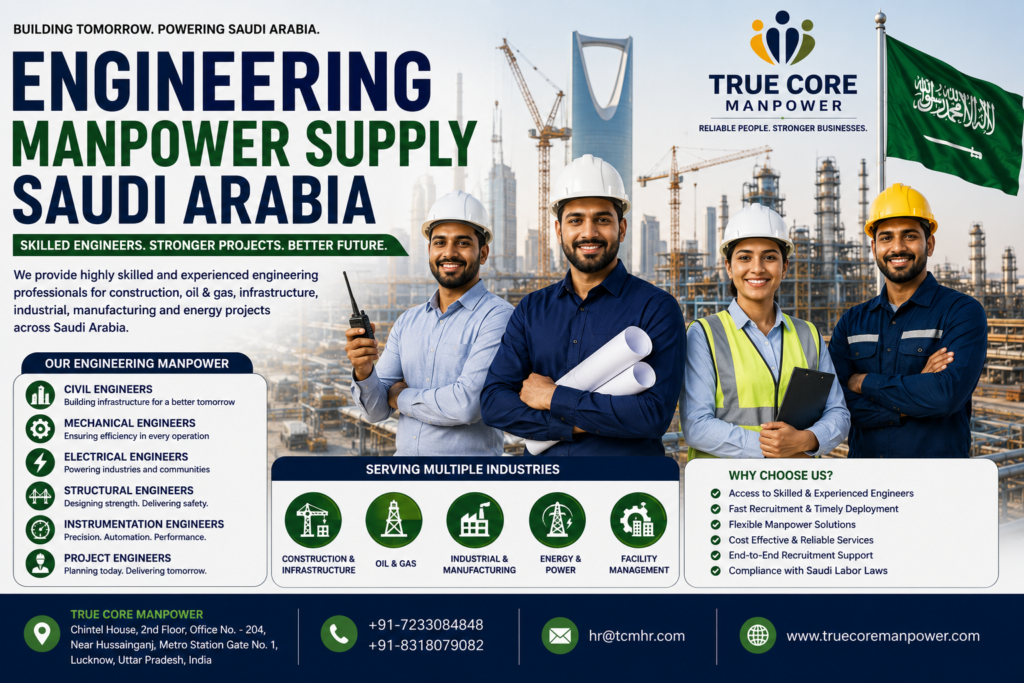 Engineering manpower supply Saudi Arabia providing skilled engineers and technical professionals for construction, infrastructure, oil and gas, energy, and industrial projects.