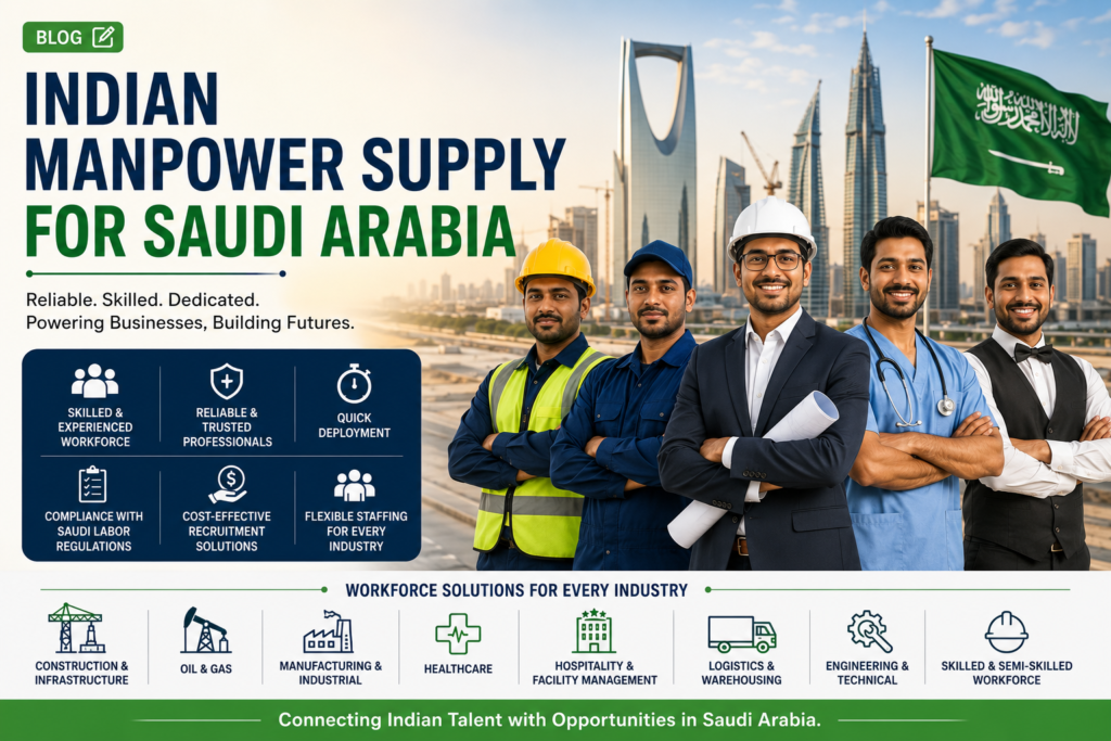 Indian manpower supply for Saudi Arabia providing skilled workforce for construction healthcare logistics manufacturing and hospitality industries.