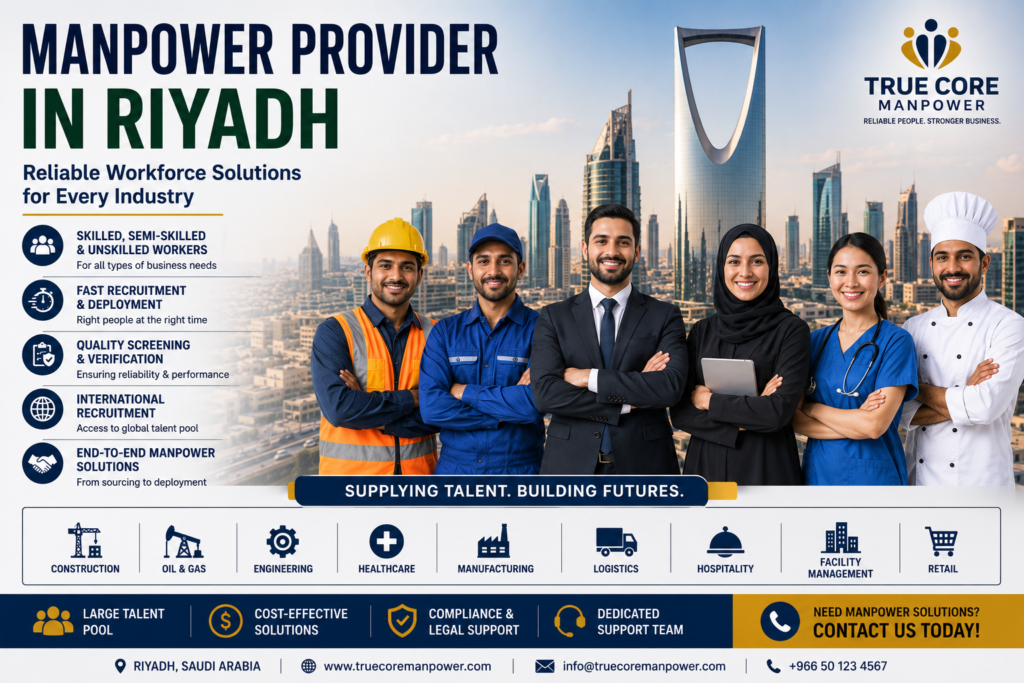 Manpower Provider in Riyadh offering skilled, semi-skilled, and unskilled workforce solutions for construction, engineering, healthcare, logistics, manufacturing, and hospitality industries in Saudi Arabia.
