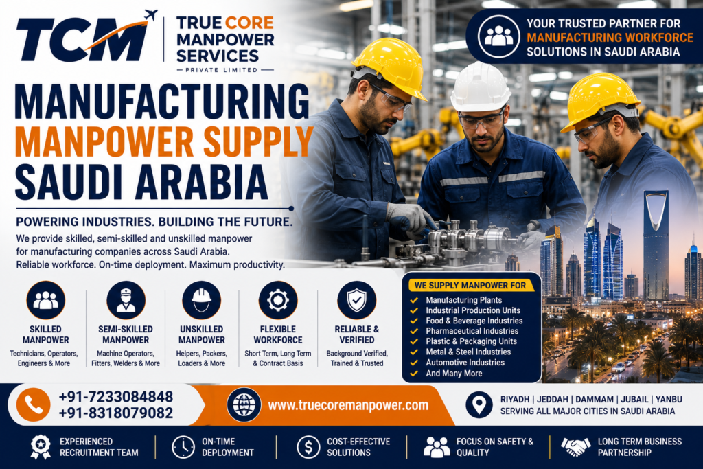 Looking for manufacturing manpower supply Saudi Arabia? Hire skilled factory workers, technicians, engineers, and production staff with True Core Manpower.