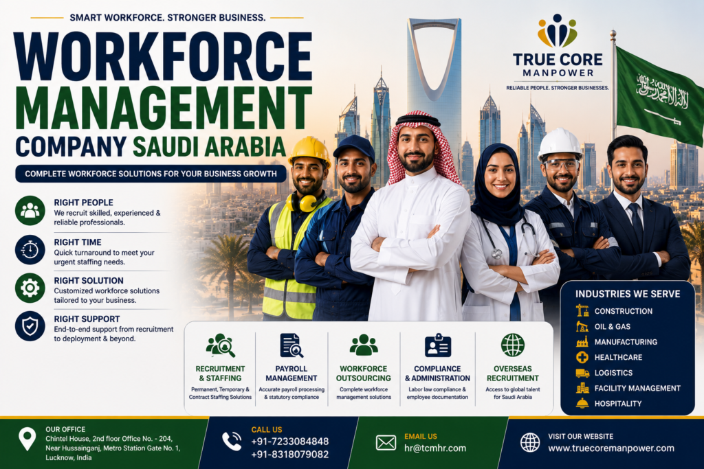 Workforce management company Saudi Arabia providing staffing, payroll management, manpower outsourcing, and workforce solutions for construction, healthcare, logistics, and industrial sectors.