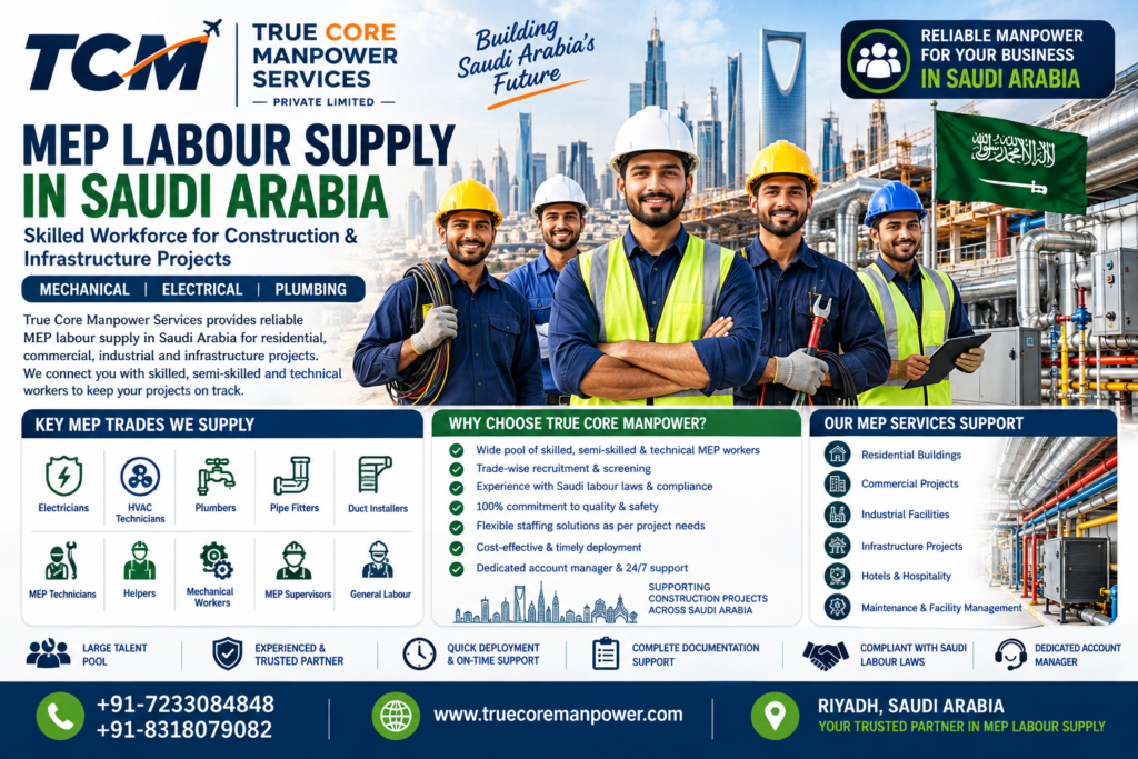 MEP labour supply in Saudi Arabia for skilled electricians HVAC technicians plumbers and pipe fitters