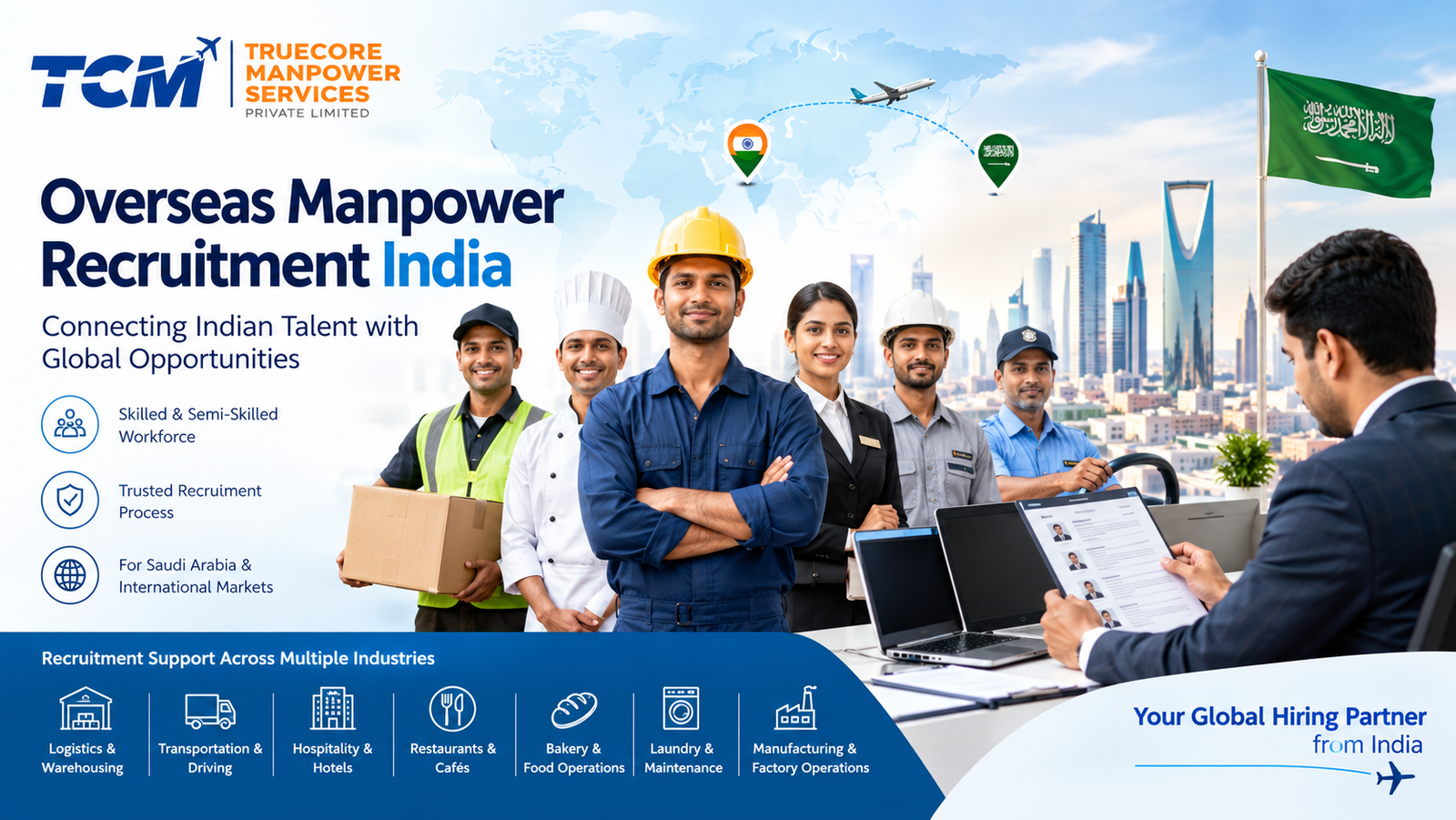 Overseas manpower recruitment India for skilled and semi-skilled workers by True Core Manpower.